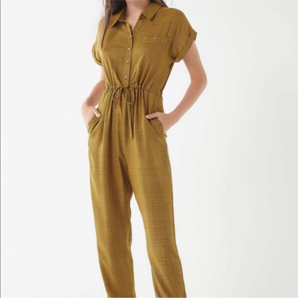 Urban Outfitters Plaid Jumpsuit Yellow Black Tie Waist Collared Small